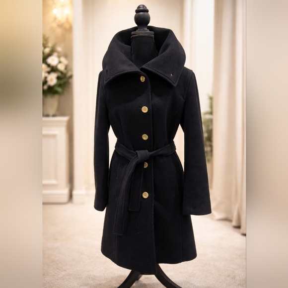 Coach Jackets & Blazers - Authentic Coach Double Breasted Wool Angora Belted Coat Size M Black Gold Button